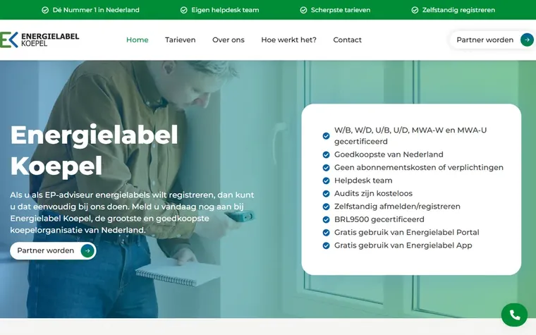 Screenshot van de homepage van energielabelkoepel.nl