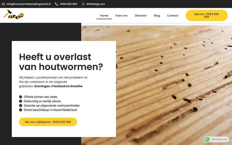 Screenshot van de homepage van houtwormbestrijdingnoord.nl
