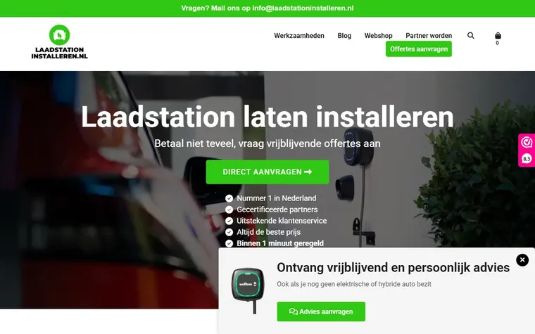 Screenshot van de homepage van laadstationinstalleren.nl