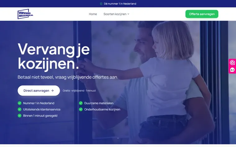 Screenshot van de homepage van vervangjekozijnen.nl